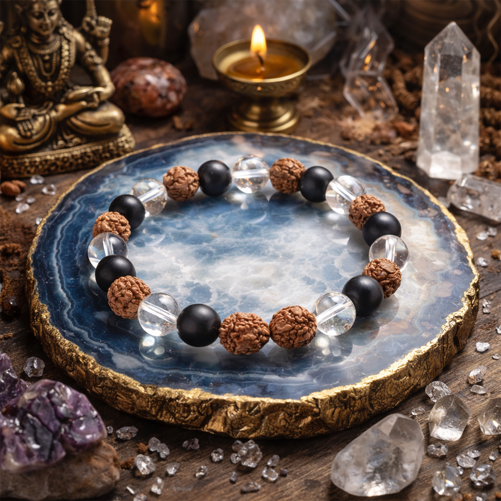 Karungali-Rudraksha-Clear Quartz Bracelet