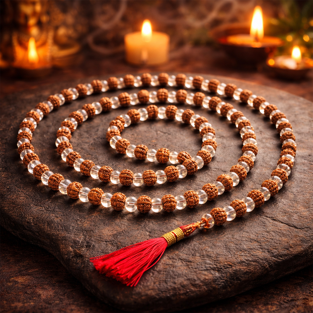 Rudraksha With Clear Quartz Mala