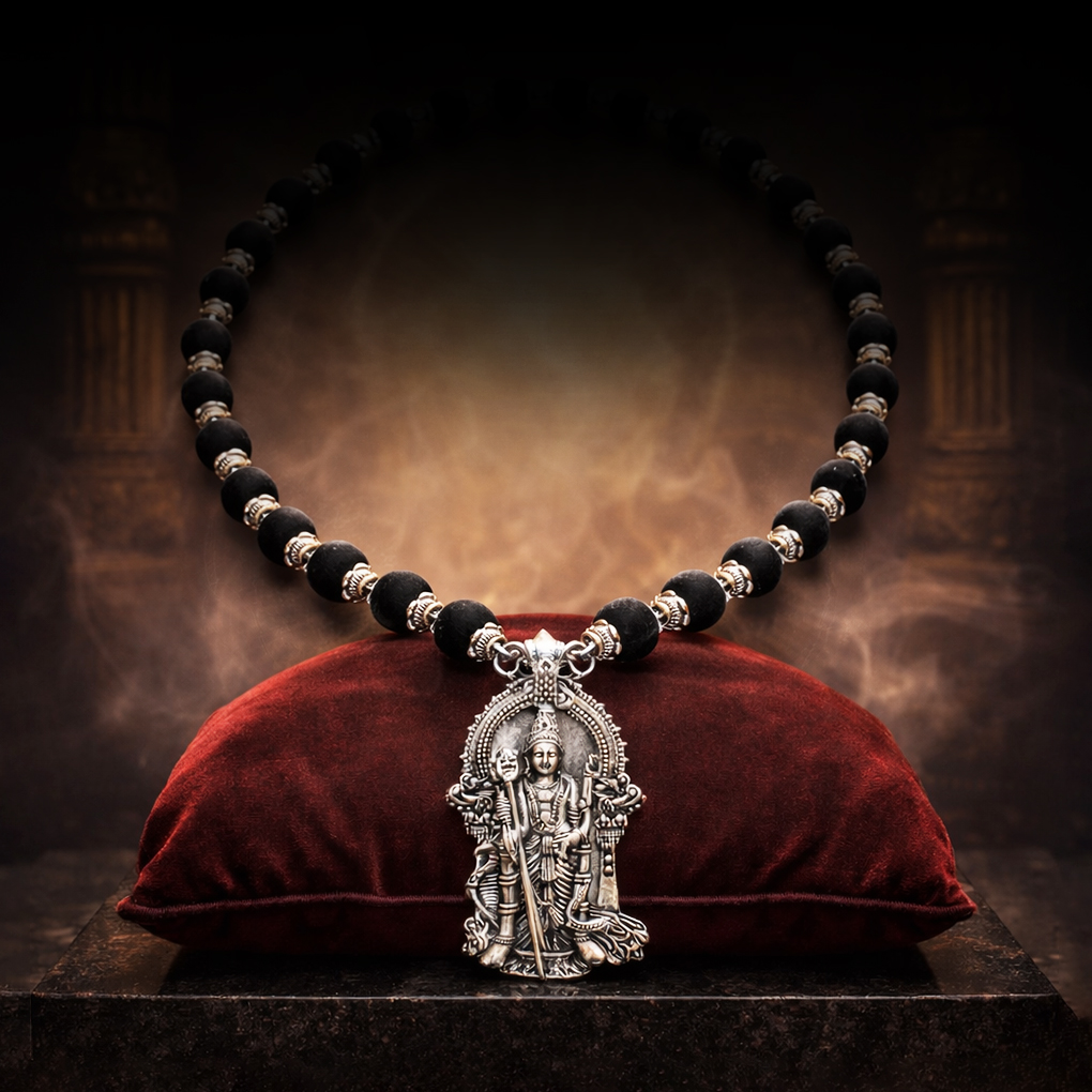 Silver Caped Karungali Mala With Lord Murugan Pendant